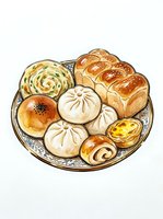 Assorted fresh baked goods arranged on decorative plate including croissants, bread rolls, buns and pastries. Bakery and food illustration.