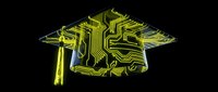 Neon glowing graduation cap with circuit board pattern on black background, symbolizing technology education and digital learning for academic success.