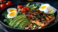 Grilled salmon bowl with sliced avocado, soft-boiled eggs, cherry tomatoes and fresh greens on dark plate for healthy meal prep and nutritious dining.