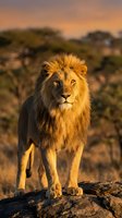 Majestic male lion standing on rocky outcrop during golden hour sunset in African savanna with acacia trees in background creating warm atmospheric lighting.