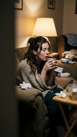 Sick woman sitting on couch wrapped in blanket, holding tissues, surrounded by medicine boxes and medications in warm home interior lighting.