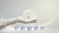 Hand in white glove holding glowing checkmark above five holographic stars representing quality rating and customer satisfaction evaluation.