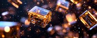 Glowing amber glass cubes floating in dark space with magical light particles and bokeh effects creating mystical atmospheric composition.