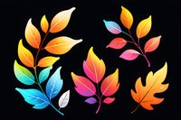 Vibrant gradient autumn leaves in rainbow colors isolated on black background, featuring colorful foliage with smooth transitions from blue to orange and pink tones.