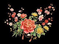 Vibrant floral arrangement featuring coral peonies, cherry blossoms, and golden blooms. Isolated on transparent background, ready for t-shirts, stickers, clipart, sublimation, and print-on-demand designs.