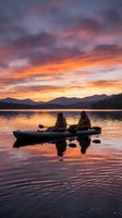 Two people kayaking on calm lake waters during vibrant sunset with golden and orange sky, mountains silhouetted in background, perfect for travel and outdoor recreation marketing.