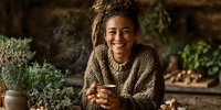 Joyful young woman with dreadlocks enjoying hot drink in cozy rustic setting surrounded by dried herbs and natural elements. Perfect for wellness and slow living concepts.