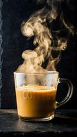 Steaming hot coffee with milk in a glass mug on dark stone background, dramatic smoke rising, moody cafe atmosphere.