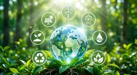 Green earth globe surrounded by renewable energy icons floating above lush forest plants with sunlight creating sustainable technology concept for environmental protection.