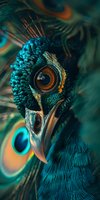 Extreme close-up of peacock head showing intricate feather details, amber eye, and curved beak against blurred turquoise and orange plumage background. Artistic macro photography.