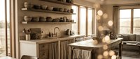 Modern farmhouse kitchen with wooden cabinetry, open shelving, and neutral tones. Warm lighting creates an inviting atmosphere. Ideal for home design, interior decoration, and lifestyle content.