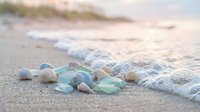 Sea glass and shells scattered on sandy beach with gentle waves washing ashore during golden hour creating peaceful coastal scene for relaxation concepts.