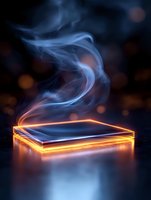 Glowing neon orange and blue rectangular platform with rising ethereal smoke against dark background with bokeh lights and reflective surface.