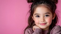 Young Asian girl with sweet smile wearing cozy knit sweater against pink background, natural beauty portrait with soft lighting and gentle expression.