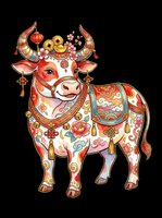 Festive Chinese zodiac ox with floral ornaments, gold coins, and tassels, isolated on transparent background, ready for stickers, sublimation, and t-shirt design.