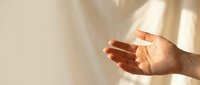 Open palm of a person reaching out against a soft beige background with warm sunlight, symbolizing help, giving, or receiving.