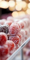 Frosted red berries with sugar coating in glass container against blurred golden bokeh lights background, macro food photography with selective focus.