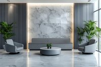 Modern luxury living room interior with marble wall, gray furniture, plants and ambient lighting for contemporary home design.
