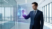 Professional businessman in suit interacting with holographic legal technology interface displaying scales of justice in modern office environment.