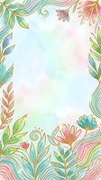 Watercolor floral frame with gold outline leaves and flowers in pastel pink, teal, and green tones on soft gradient background for cards.