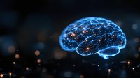 Glowing blue brain with neural connections floating in dark space surrounded by bokeh lights, representing artificial intelligence and cognitive science.