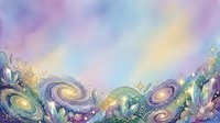 Watercolor cosmic background with galaxies, stars, and crystals in soft pastel purple, blue, and gold tones, perfect for spiritual or celestial designs.