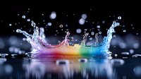 Vibrant rainbow water splash with colorful droplets creating dynamic crown shape against dark background for creative design projects.