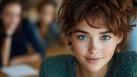 Young woman with short tousled brown hair and bright blue eyes wearing green sweater smiles warmly at camera, natural daylight creates soft portrait lighting.