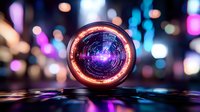 Glowing magical portal sphere with purple energy core floating over reflective surface against blurred city lights and bokeh background. Mystical night scene.