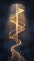 Glowing golden spiral staircase with luminous light trails and sparkling particles flowing upward against dark background, symbolizing ascension and spiritual growth.