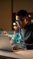 Young African American software developer working on laptop with holographic interface displaying gears and digital elements in modern office environment.