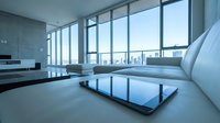 Luxury modern penthouse living room with tablet on coffee table, floor-to-ceiling windows, city skyline view, and minimalist white interior design.