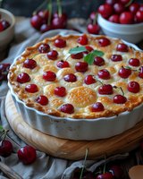 Fresh baked cherry clafoutis in white ceramic baking dish on wooden board, topped with bright red cherries and mint leaves, rustic food photography setup.