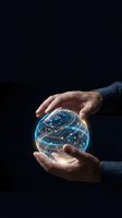 Businessman holding glowing digital globe with circuit board pattern against dark background, representing global technology, innovation, and digital connectivity for business solutions.