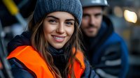 Young Caucasian woman in orange safety vest and gray beanie smiling outdoors during evening work shift, with coworker in background wearing protective gear.