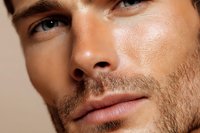 Close up portrait of masculine face with stubble beard and defined features against neutral background, showing natural skin texture and warm lighting.
