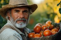 Senior Caucasian farmer with gray beard wearing straw hat holds fresh harvested organic tomatoes in woven basket against blurred garden background.