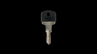 Metallic key with black plastic head isolated on transparent background, ready for clipart, print-on-demand products, t-shirt designs, stickers, and sublimation projects.