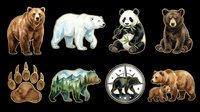 Bear species collection featuring brown bear, polar bear, giant panda, and black bear with paw print, forest silhouette, and clock designs. Isolated on transparent background, ready for t-shirts, clipart, stickers, and print-on-demand products.