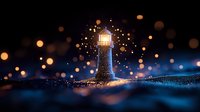 Glowing lighthouse beacon illuminates dark night with magical bokeh lights and sparkles floating in misty coastal atmosphere, creating dreamy maritime scene.