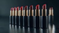 Row of luxury red lipsticks in black tubes arranged in line on dark background with selective focus and dramatic lighting. Professional cosmetics composition.