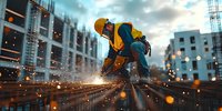 Male construction worker in protective gear welding steel on high-rise building rooftop at dusk, with dramatic sparks and city lights creating atmospheric industrial scene.