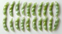 Fresh green pea pods arranged in neat rows on white background, showing natural pattern and texture. Isolated food photography for culinary and healthy eating concepts.