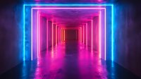 Futuristic neon tunnel with glowing pink and blue light frames creating infinite perspective. Reflective floor surface adds depth to modern corridor illumination.