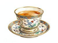 Ornate teacup and saucer with floral motifs and gold trim filled with amber tea, isolated on white background for design and print use.