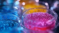 Colorful molecular spheres in glass containers with blue and pink liquid solutions showing scientific research and chemical reactions in laboratory setting.