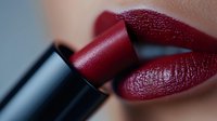 Close up of sensual lips with dark red matte lipstick application, showing texture and detail of cosmetic product on feminine mouth for beauty and makeup artistry.