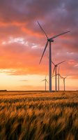 Wind turbines in golden wheat field at dramatic sunset with orange and purple sky creating renewable energy landscape for sustainable power generation.