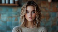 Young Caucasian woman with wavy blonde hair and natural makeup wearing beige knit sweater against blurred turquoise background. Soft portrait lighting creates dreamy atmosphere.