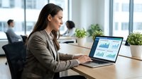 Professional businesswoman analyzing financial data on laptop in modern office workspace with colleagues in background.